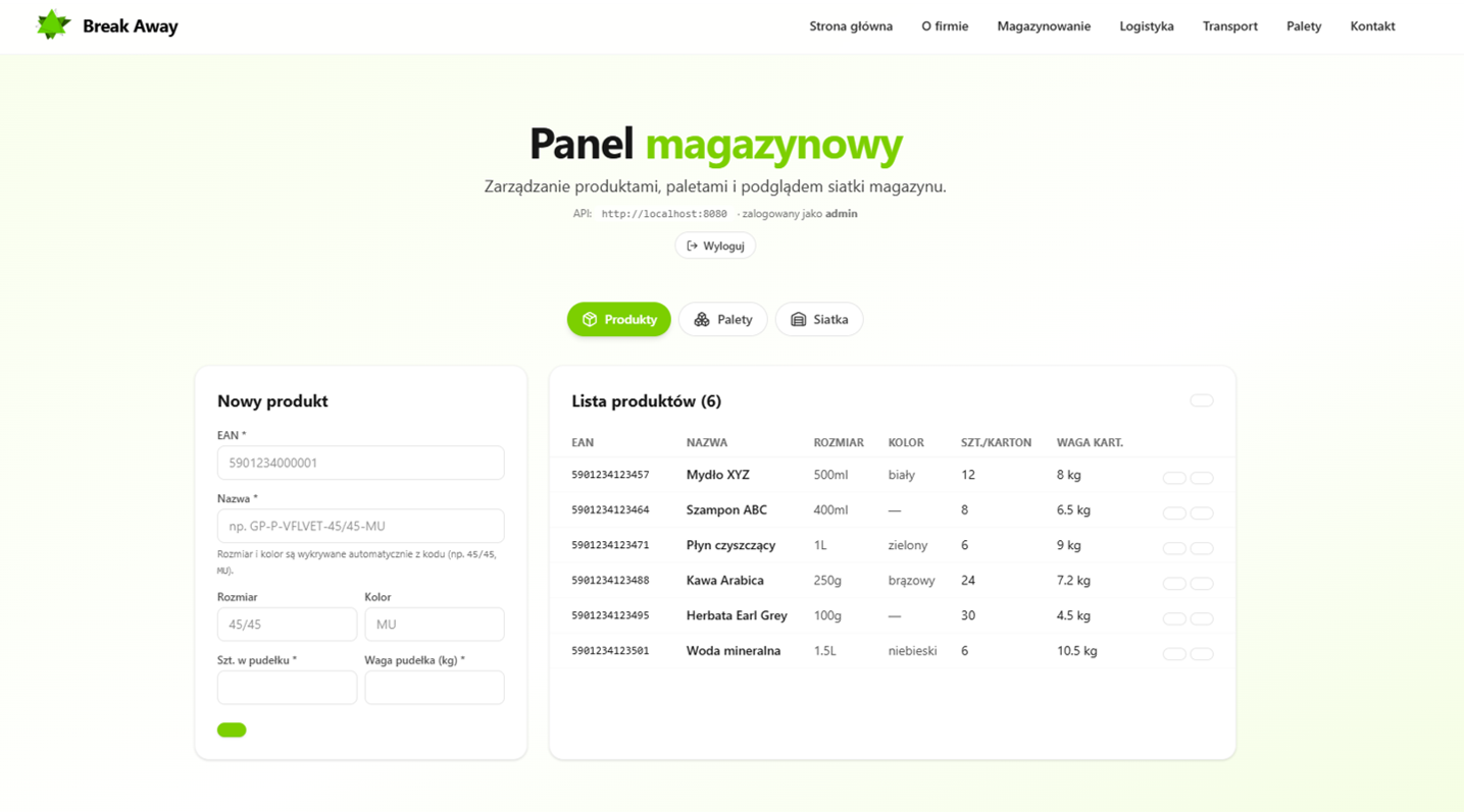 Panel magazynowy BaseCore przygotowany dla firmy Break Away